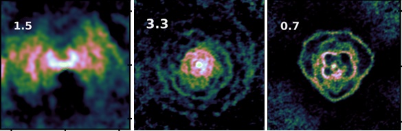Figure 1. From left to right: images of the stars  p1 Gru, W Aql and R Aql. The observations were taken with the ALMA telescope in the Atacama desert, Chile. The images were made at the ALMA Regional Centre of the Jodrell Bank Centre for Astrophysics, The University of Manchester.
 